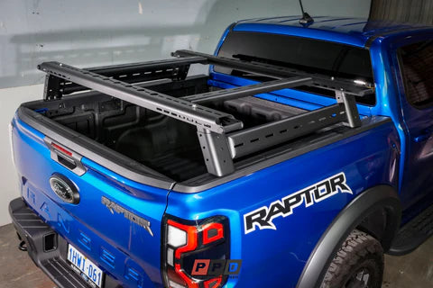 Image showing the rear view of the stainless steel tub rack mounted on ford ranger raptor