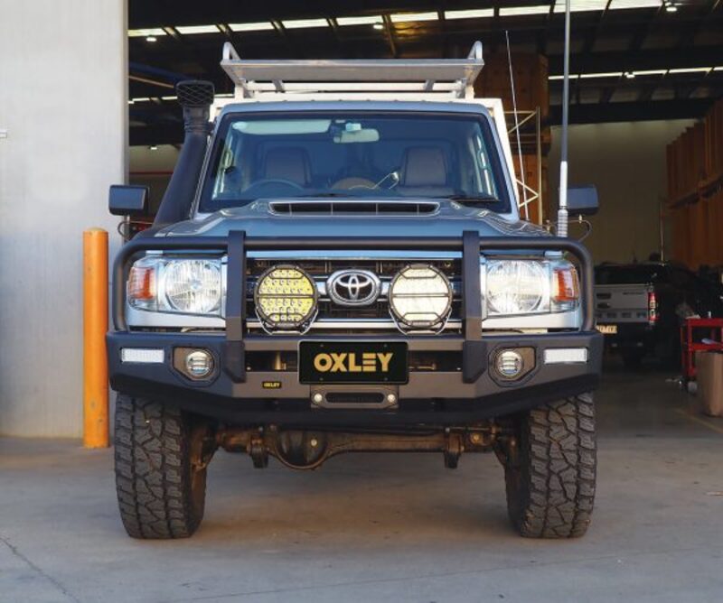 Front View Of The Mounted OXLEY Toyota LC70 Bull Bar