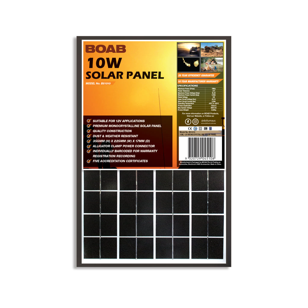 10 Watt Solar Panel, 12 Volt Monocrystalline - by BOAB