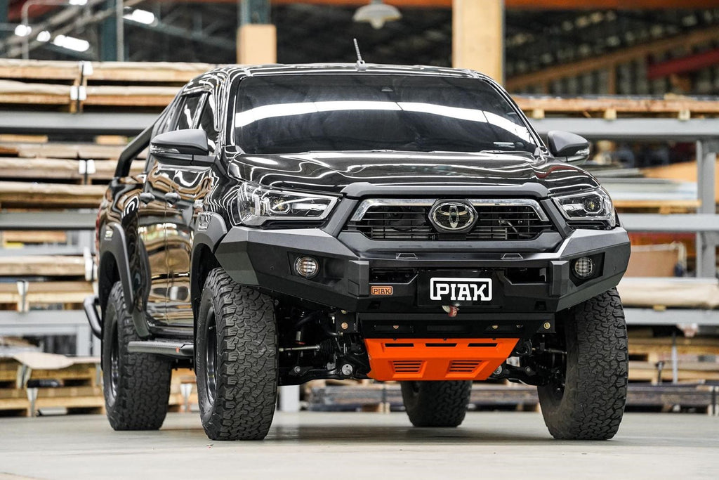 Piak Non Loop bullbar with black tow points and orange underbody plate for Toyota Hilux 2020 onwards