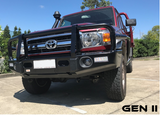 Front Close Up View Of The Installed MAX 4X4 Gen II Bull Bar For TOYOTA L/CRUISER 70S SINGLE CAB 2016 ON