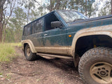 SCF Fatboy Rock Sliders Mounted ON Nissan Patrol GQ Going through ruts and mud