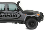 Side view of the Landcruiser with a mounted safari snorkel